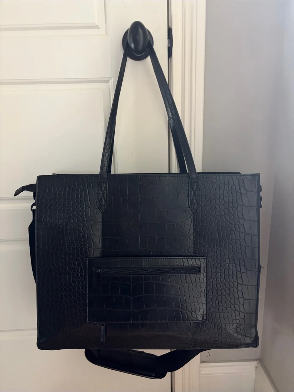 BEIS Black Croc-Embossed Laptop Tote with Detachable Strap